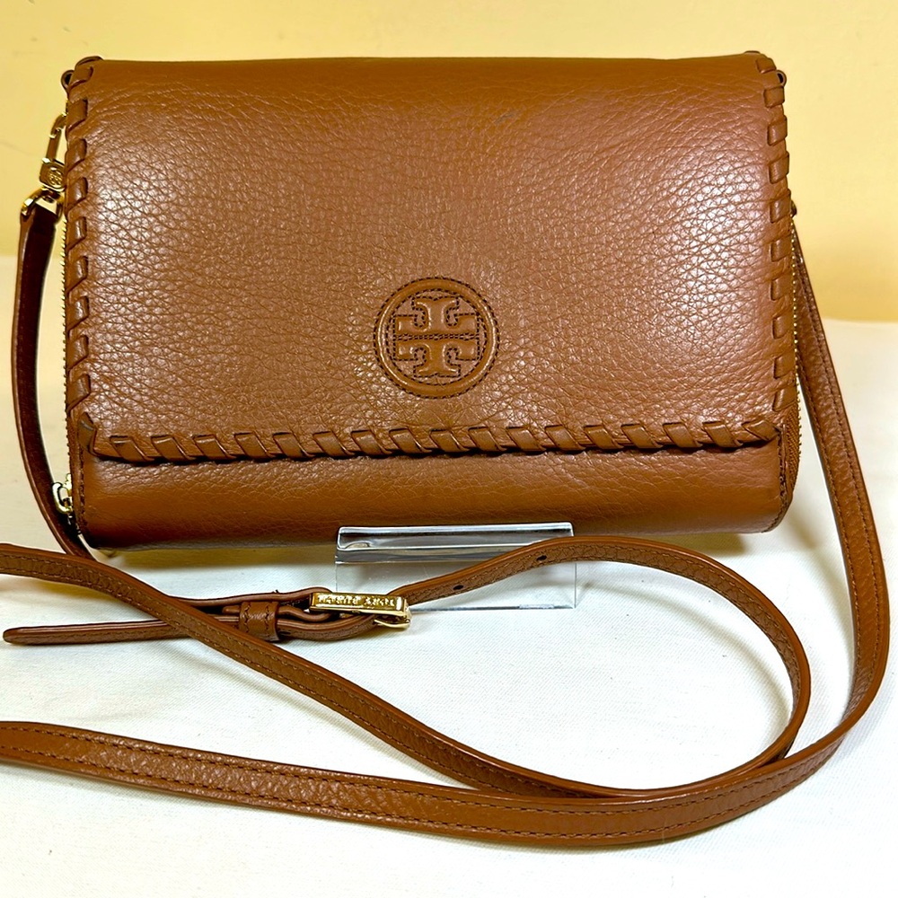 Tory Burch Cognac Whipstitch Leather Crossbody